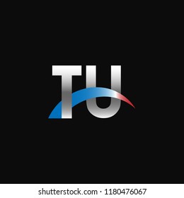 Initial letters TU overlapping movement swoosh logo, metal silver blue red color on black background