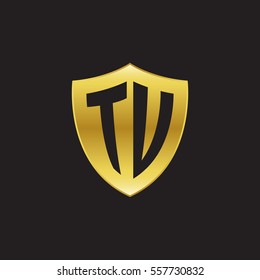 Initial letters TU, TV, shield shape gold logo