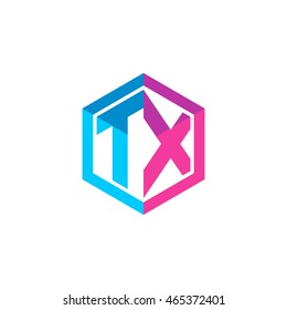 Initial letters TX hexagon box shape logo blue pink purple 