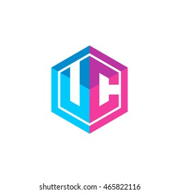 Initial letters UC hexagon box shape logo blue pink purple