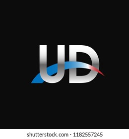 Initial letters UD overlapping movement swoosh logo, metal silver blue red color on black background