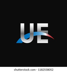 Initial letters UE overlapping movement swoosh logo, metal silver blue red color on black background