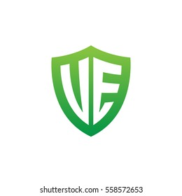 Initial letters UE, VE, shield shape green simple logo