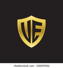 Initial letters UE, VE, shield shape gold logo