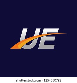 Initial letters UE vector illustrations designs with overlapping orange swoosh vector for company logo on dark blue background.