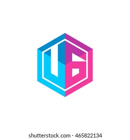 Initial letters UG hexagon box shape logo blue pink purple