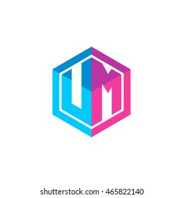 Initial letters UM hexagon box shape logo blue pink purple