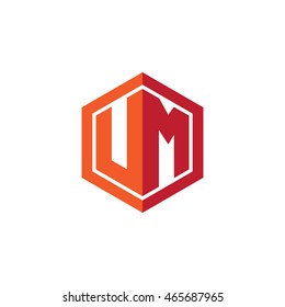 Initial letters UM hexagon shape logo red orange