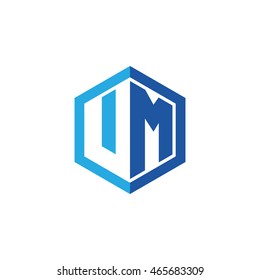 Initial letters UM negative space hexagon shape logo blue