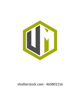 Initial letters UM negative space hexagon shape logo green black gray