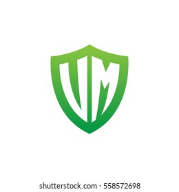 Initial letters UM, VM, shield shape green simple logo