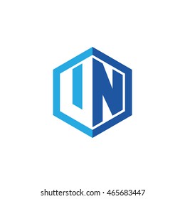 Initial letters UN negative space hexagon shape logo blue