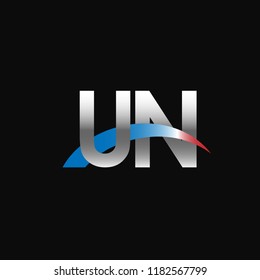 Initial letters UN overlapping movement swoosh logo, metal silver blue red color on black background