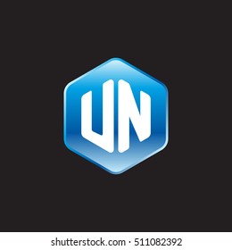 Initial letters UN rounded hexagon shape blue modern logo
