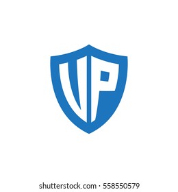 Initial letters UP, VP, shield shape blue simple logo