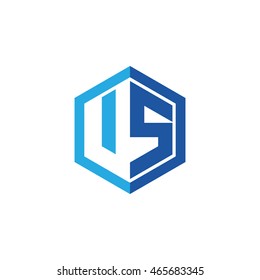 Initial letters US negative space hexagon shape logo blue