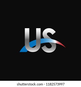 Initial letters US overlapping movement swoosh logo, metal silver blue red color on black background