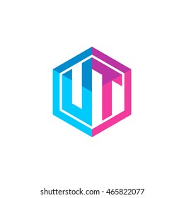 Initial letters UT hexagon box shape logo blue pink purple