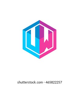 Initial letters UW hexagon box shape logo blue pink purple