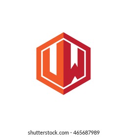 Initial letters UW hexagon shape logo red orange