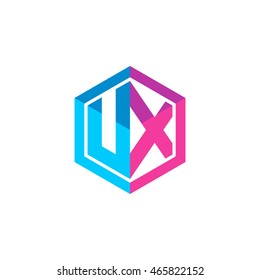 Initial letters UX hexagon box shape logo blue pink purple