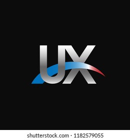 Initial letters UX overlapping movement swoosh logo, metal silver blue red color on black background