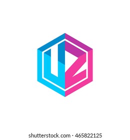 Initial letters UZ hexagon box shape logo blue pink purple