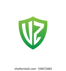 Initial letters UZ, VZ, shield shape green simple logo