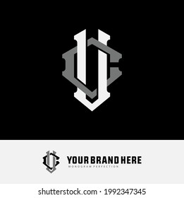 Initial letters V, C, VC or CV overlapping, interlocked monogram logo, white and gray color on black background