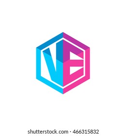 Initial letters VE hexagon box shape logo blue pink purple