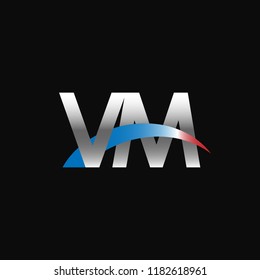 Initial letters VM overlapping movement swoosh logo, metal silver blue red color on black background