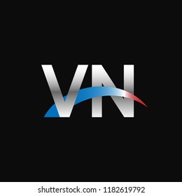 Initial letters VN overlapping movement swoosh logo, metal silver blue red color on black background