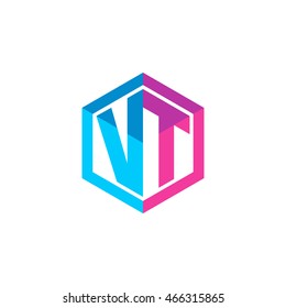 Initial letters VT hexagon box shape logo blue pink purple