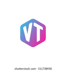 Initial letters VT rounded hexagon shape blue pink purple simple modern logo