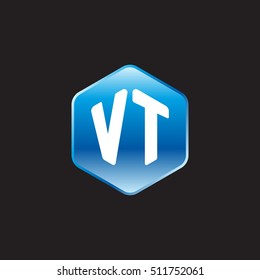 Initial letters VT rounded hexagon shape blue modern logo