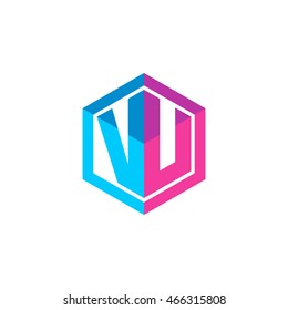 Initial letters VU hexagon box shape logo blue pink purple