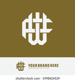 Initial letters W, F, FW or WF overlapping, interlocked monogram logo, white color on gold background
