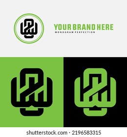 Initial letters W, Z, WZ, or ZW, Monogram Logo, Interlock, Modern, Sporty, White, Black and Green Color