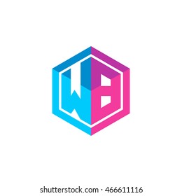 Initial letters WB hexagon box shape logo blue pink purple