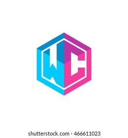 Initial letters WC hexagon box shape logo blue pink purple