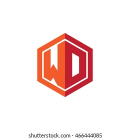 Initial letters WD, WO, hexagon shape logo red orange