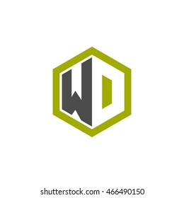 Initial letters WD, WO, negative space hexagon shape logo green black gray