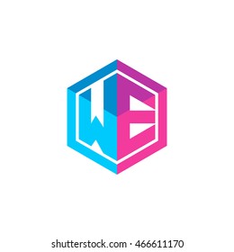 Initial letters WE hexagon box shape logo blue pink purple