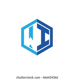 Initial letters WI negative space hexagon shape logo blue