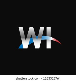 Initial letters WI overlapping movement swoosh logo, metal silver blue red color on black background