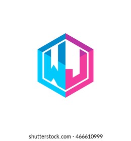 Initial letters WJ hexagon box shape logo blue pink purple