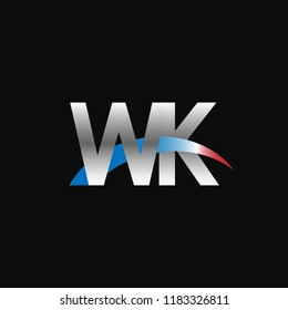 Initial letters WK overlapping movement swoosh logo, metal silver blue red color on black background