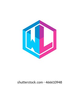 Initial letters WL hexagon box shape logo blue pink purple