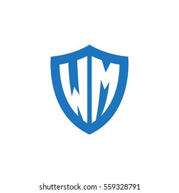 Initial letters WM shield shape blue simple logo