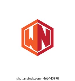Initial letters WN hexagon shape logo red orange